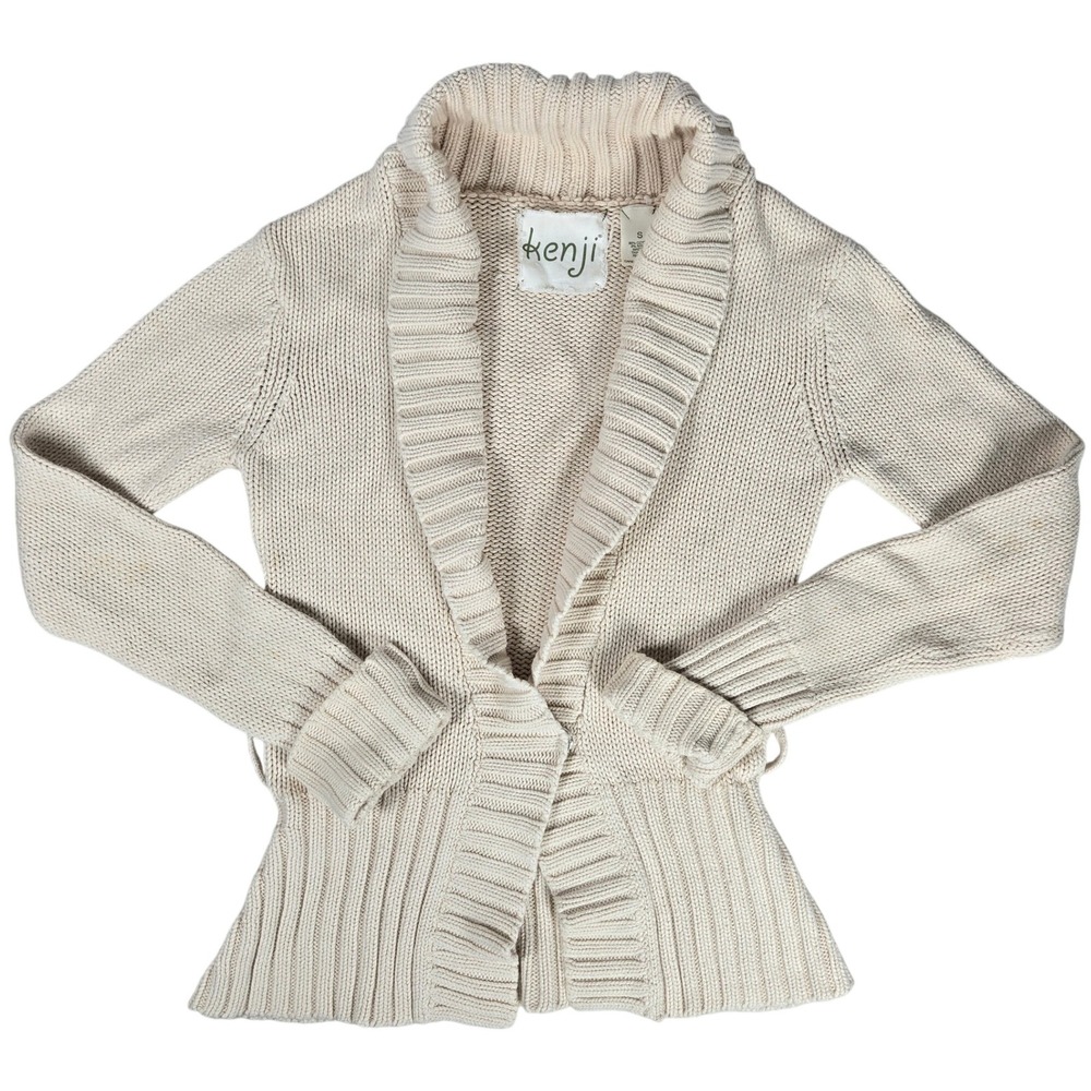 Kenji‎ Womens Small Cream Shawl Collar Knit Cotton Blend Cardigan Sweater